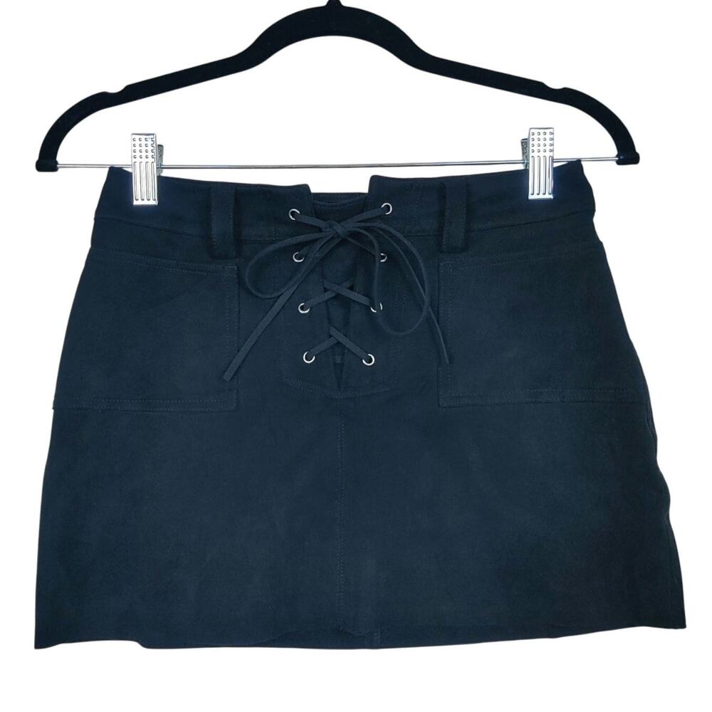 Club Exx Faux Suede Stretch Cut Off Lace Up Mini Skirt XS Raver Gothic Festival